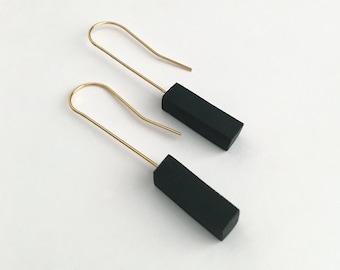 Minimal Black and Gold Dangle Earring, Simple Geometric Square Drop Earring, Everyday Earrings for Pierced Ears