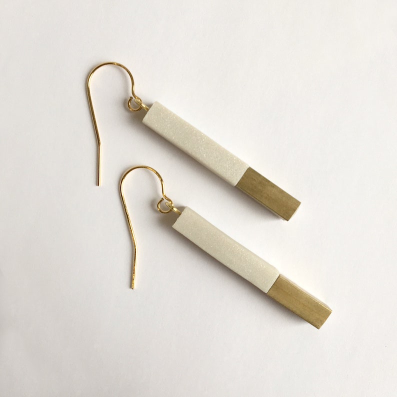 Geometric Pearl and Brass Dangle Earring, Minimal Shimmery Ivory and Gold Drop Earring image 1