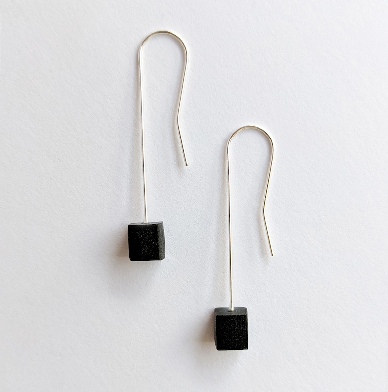 Simple Black and Silver Dangle Earring, Delicate Geometric Square Drop Earring, Minimal Cube Earrings image 3