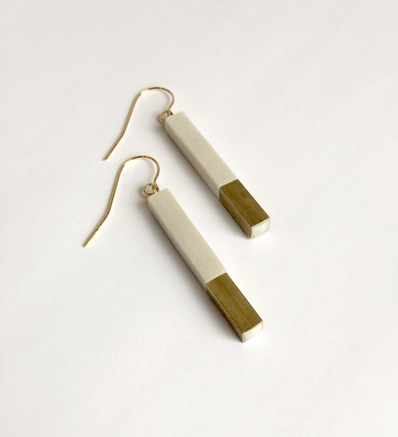 Geometric Pearl and Brass Dangle Earring, Minimal Shimmery Ivory and Gold Drop Earring image 2