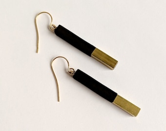 Geometric Black and Brass Dangle Earring, Minimal Matte Black and Gold Earring for Pierced Ears