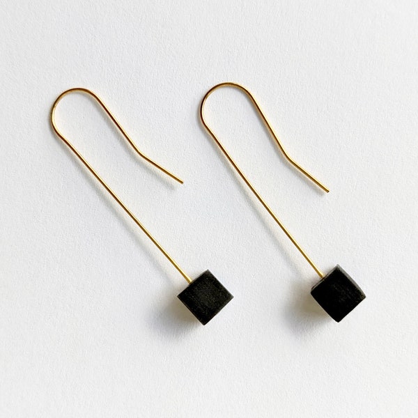 Simple Black and Gold Geometric Dangle Earring, Delicate Cube Drop Earring, Minimal Square Earrings