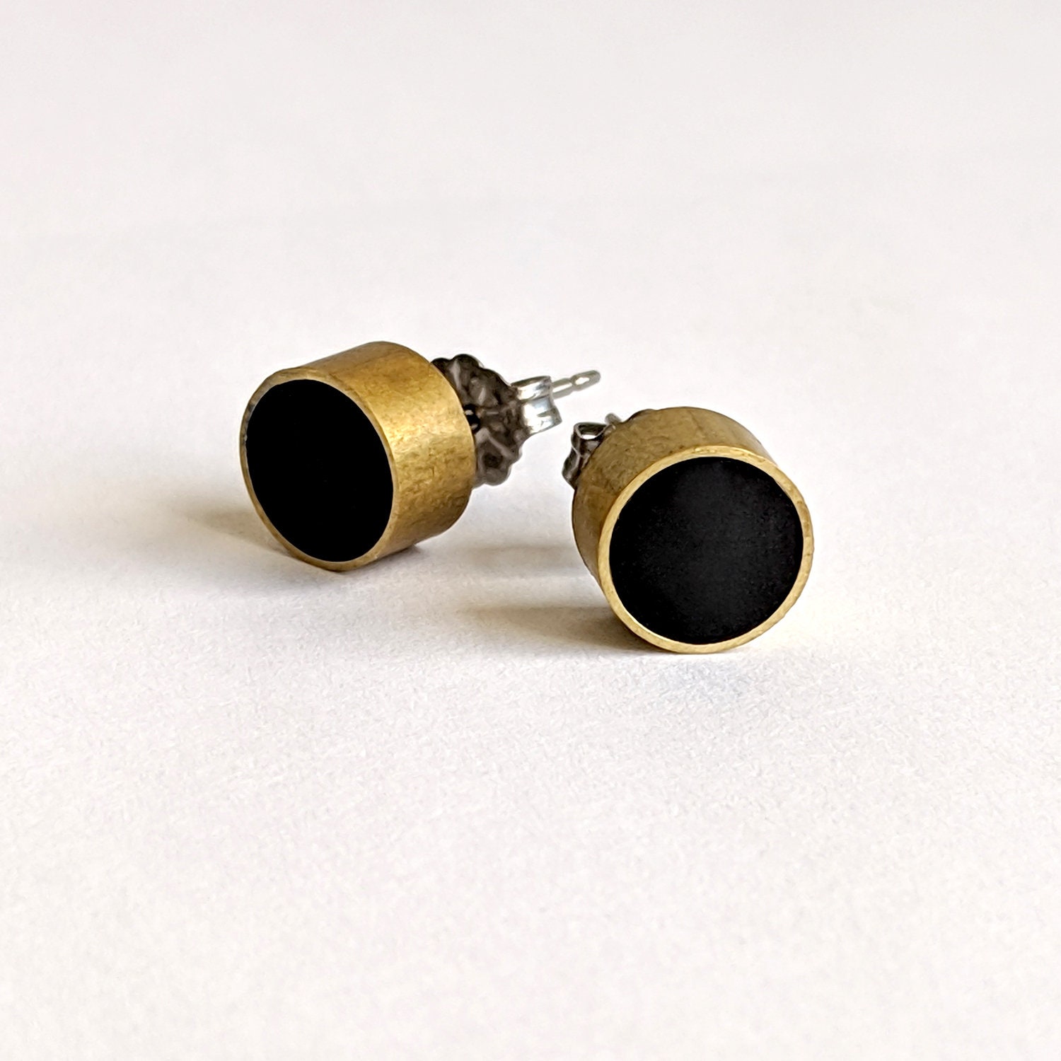 Simple Matte Black and Brass Stud Earrings, Minimal Round Geometric ...