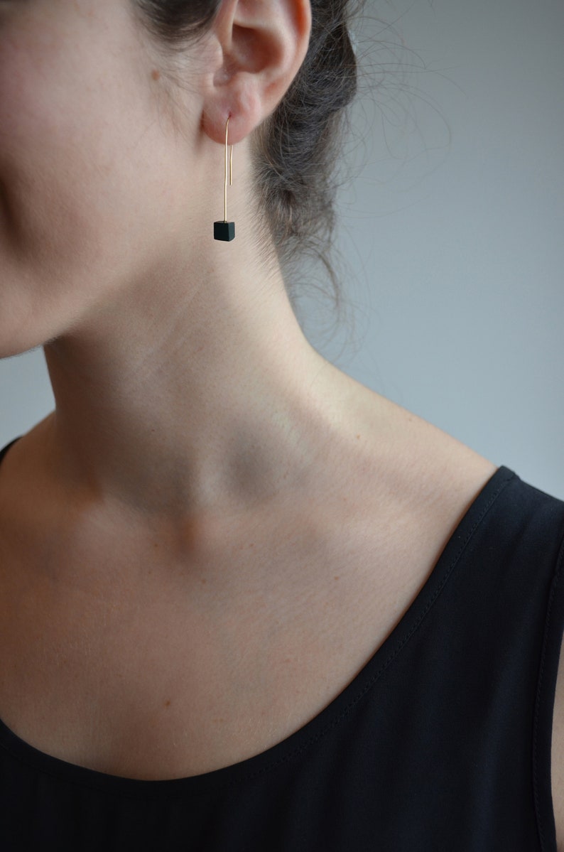 Simple Black and Silver Dangle Earring, Delicate Geometric Square Drop Earring, Minimal Cube Earrings image 2