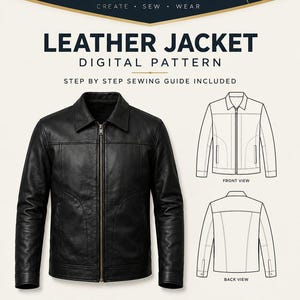May include: A digital sewing pattern for a black leather jacket by sfmaisoncrafts. The image displays a finished black jacket with a front zipper, alongside technical line drawings showing front and back views, and text labels for PDF files.