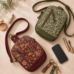 May include: Two crossbody bags with adjustable straps. One bag is deep red with a floral pattern, and the other is olive green with a geometric woven design. Both feature front zippered pockets with leather-like pulls and matching solid-colored bases.