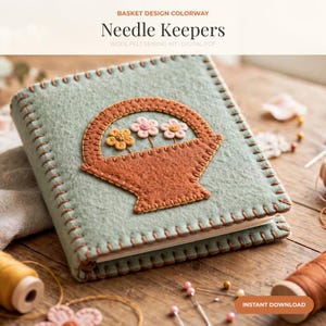 May include: A square, light green felt needle keeper featuring a brown felt basket appliqué on the cover. The basket contains three small, embroidered flowers in yellow and pink. The edges are finished with brown blanket stitching.