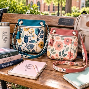 Può includere: Due borse a tracolla con motivi floreali, una color ottanio e una color corallo, dotate di tasche con cerniera, nappe e attacchi per tracolla in corda. Sono esposte insieme a una borraccia bianca con testo, libri impilati, un taccuino rosa e una penna.