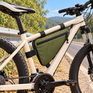 Può includere: Una borsa triangolare da telaio per bicicletta color verde oliva, fissata ai tubi superiore e obliquo di una mountain bike color crema tramite cinghie nere. La borsa presenta una chiusura a zip nera lungo il bordo superiore del telaio.