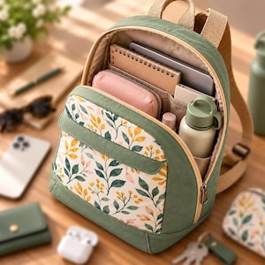 Könnte beinhalten: Ein salbeigrüner Rucksack mit einer Vordertasche, die mit einem botanischen Druck aus gelben und grünen Blättern versehen ist. Das Innere ist mit einem Spiralblock, einem rosa Reißverschlussetui und einer salbeigrünen Trinkflasche organisiert.
