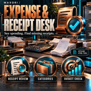 以下が含まれることがあります： MAXORI EXPENSE & RECEIPT DESKというタイトルのデジタル製品ディスプレイ。See spending. Find missing receipts.というテキストが表示されています。電卓、領収書の束、RECEIPT REVIEW、CATEGORIES、BUDGET CHECKとラベル付けされた3つの円形アイコンが含まれています。