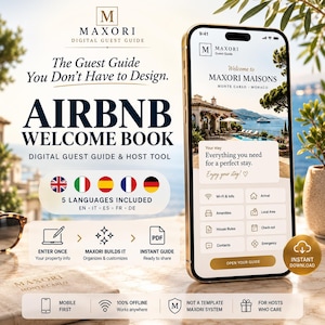 Peut inclure: Un smartphone affiche le guide numérique Maxori pour les hôtes Airbnb. L'écran présente une page d'accueil pour Maxori Maisons à Monte-Carlo, avec des boutons de navigation pour le Wi-Fi, les équipements, le règlement et la région.