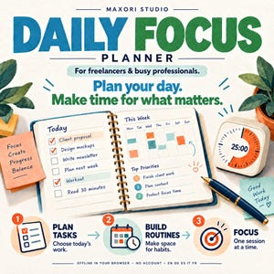 Dagelijkse focusplanner | Offline dagelijkse takenplanner, routine- en gewoontetracker, focustimer | Browsertool, 5 talen