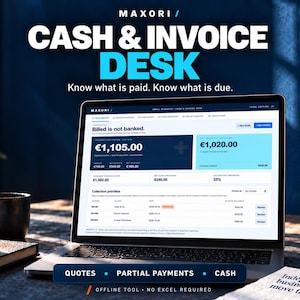 Könnte beinhalten: Ein Laptop-Bildschirm zeigt die Benutzeroberfläche der Software Maxori Cash & Invoice Desk mit Finanzdaten, Rechnungsbeträgen und Inkassoprioritäten. Der Text lautet: Cash & Invoice Desk, Know what is paid. Know what is due, und Independent businesses move faster.