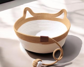 Woven Cat Basket Bed, Cotton Rope Cat Bed, Cat Basket with Toy, Cute Cat Ear Bed, Cozy Kitten Sleeping Basket