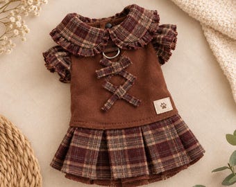 Brown Plaid Dog Dress, Vintage Pet Outfit, Ruffle Puppy Dress, Cute Cat Clothes, Preppy Pet Fashion