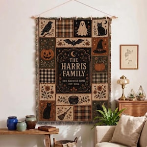 Vintage Halloween Woven Tapestry, Retro Patchwork Throw Blanket, Spooky Fall Decor