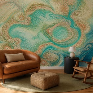 May include: A wall mural featuring an abstract fluid art pattern in shades of turquoise, teal, and peach, displayed behind a brown leather sofa, a woven ottoman, a black side table with a white lamp, and a wooden rocking chair with cane.