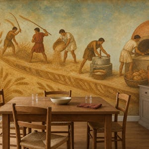 May include: A wooden dining table with four chairs and a bowl, set against a wall mural depicting ancient agricultural scenes of harvesting, threshing, milling, and baking bread in a stone oven, rendered in warm earth tones and soft blue.