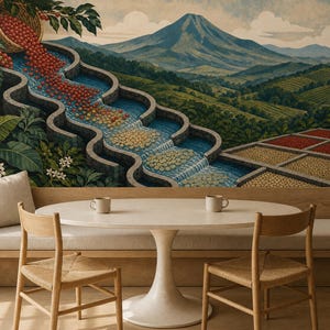 May include: A wall mural depicting a mountain landscape with a tiered water channel flowing with red coffee cherries and light-colored beans, alongside a dining area featuring a white oval table, two wooden chairs, and a long bench with a pillow.
