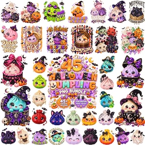 Peut inclure: Une collection numérique de plus de 45 illustrations de raviolis sur le thème d'Halloween, avec des personnages mignons portant des chapeaux de sorcière, des citrouilles et des accessoires effrayants. Le texte central indique 45+ HALLOWEEN DUMPLING PNG BUNDLE.