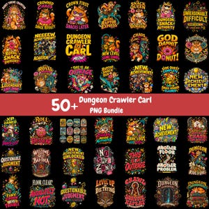 May include: A digital collection of over 50 colourful graphic illustrations featuring cats, dinosaurs, and fantasy elements with text such as Dungeon Crawler Carl, New Achievement, and Snack Royalty, all set against a solid black background.