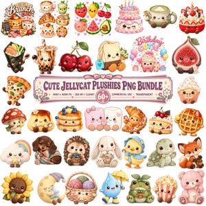 May include: A digital collection of cute, anthropomorphic illustrations featuring food items like pancakes, boba tea, cakes, and fruits, alongside animals such as a hedgehog, turtle, fox, and bear, all with smiling faces and soft, pastel-toned designs.