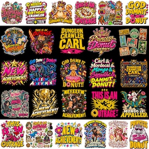 May include: A collection of twenty-five colorful graphic stickers featuring characters and text from Dungeon Crawler Carl, including images of a cat wearing a crown, a dinosaur, a golden trophy, and phrases like This Is An Outrage and New Achievement.