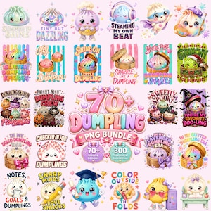 Puede incluir: Una colección digital de más de 70 ilustraciones con temática de dumplings que presenta varios personajes lindos en vaporeras de bambú con textos coloridos como Steamed to Shine, Tiny but Dazzling y 70+ Dumpling PNG Bundle con 300 fondos transparentes.