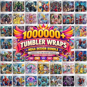 May include: A digital collection of tumbler wrap designs featuring various cartoon and superhero characters, including Spider-Man, Hulk, Batman, Winnie the Pooh, and Mickey Mouse, with a central graphic displaying the text 1000000+ TUMBLER WRAPS.