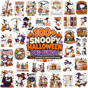 Puede incluir: Una colección digital de más de 100 gráficos PNG de Snoopy Halloween con los personajes de Peanuts disfrazados, montando vehículos y sosteniendo calabazas. El texto central dice 100+ SNOOPY HALLOWEEN PNG BUNDLE 300 DPI TRANSPARENT BACKGROUND INSTANT DOWNLOAD.