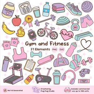 Pode incluir: Uma coleção de 31 ilustrações digitais com tema de ginásio e fitness, incluindo um pote de proteína, balança, garrafas de água, ténis, tapete de ioga, bicicleta, passadeira, halteres, kettlebell, auscultadores e vestuário desportivo.