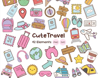 Travel Clipart Set, Vacation SVG PNG, Travel Stickers, Scrapbook, Sublimation & Party Decor Designs