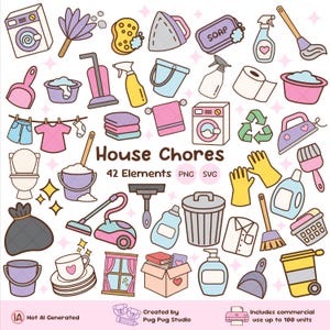 Puede incluir: Una colección de 42 iconos vectoriales coloridos que representan artículos de limpieza y tareas del hogar, incluyendo lavadora, aspiradora, fregona, escoba, jabón, cubo, plancha, guantes y ropa, con el texto House Chores 42 Elements PNG SVG.