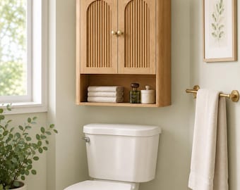 Arched Fluted Natural Wood Bathroom Cabinet, Over Toilet Storage, Japandi Style