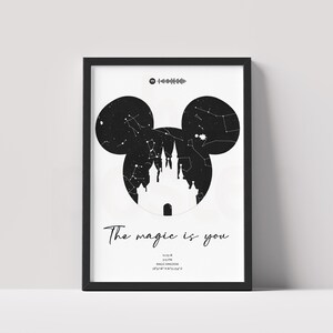 Puede incluir: Una impresión enmarcada en blanco y negro con la silueta de una cabeza de ratón que contiene un castillo y constelaciones. Arriba hay un código de Spotify. Debajo, el texto The magic is you, 12.23.18, 5:15 PM, MAGIC KINGDOM, 28°25'18"N 81°34'54"O.