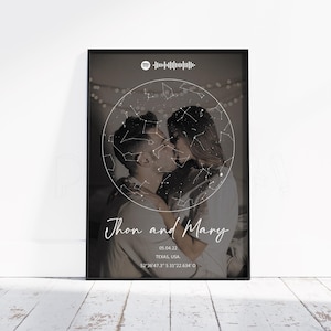 Puede incluir: Un póster enmarcado en blanco y negro que muestra a una pareja bajo un mapa estelar circular. El diseño incluye un código de Spotify, los nombres Jhon y Mary, la fecha 05.04.22, la ubicación Texas, USA, y las coordenadas 52°36'47.3" S 31°22'634" O.