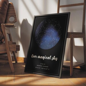 Puede incluir: Una lámina decorativa rectangular enmarcada con un mapa estelar circular sobre fondo negro. El texto dice Our magical sky, 27.01.23, BUDAPEST, HUNGARY y 34°31'22" S 56°16.667' O. La impresión está contenida dentro de un marco negro fino.