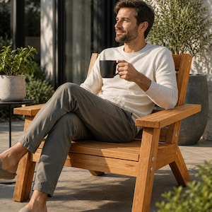 Op de afbeelding: Een houten fauteuil met een lattenbodem en rugleuning, afgewerkt in een natuurlijke lichtbruine kleur. De stoel heeft dikke, stevige armleuningen en een laag frame, geconstrueerd met zichtbare metalen bevestigingen tussen de houten delen.