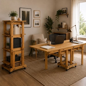 May include: A light brown wooden rolling bookshelf with four tiers and a matching wooden desk on wheels. The desk features a black laptop, a white mug, and a notebook. The bookshelf holds books, black binders, and a small potted plant in a white pot.