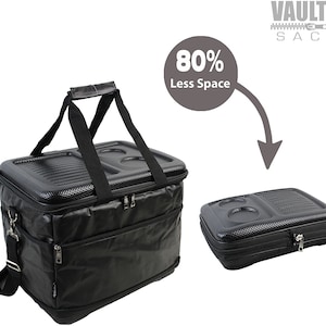 May include: Black insulated cooler bag with a textured lid and a zippered front pocket. Includes a detachable shoulder strap and a handle. The image shows the cooler bag in its expanded and collapsed form, with the text "80% Less Space".
