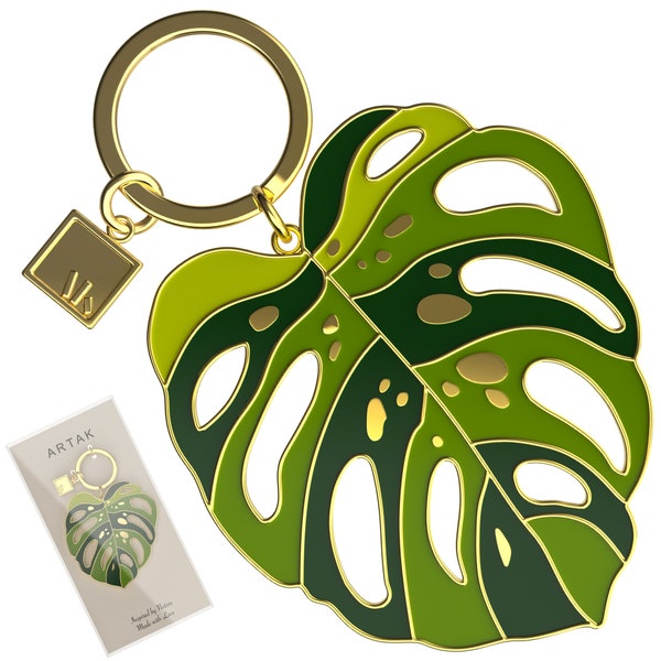 Monstera Deliciosa Keychain for Women Elegant Leaf Women's Key Chain and Charm. Hard Enamel 18K Gold Plating. Plant Lady Car Keys and Home