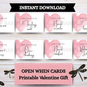 May include: Eight rectangular cards featuring watercolor pink hearts and black text. Phrases include: Open when you miss me, feeling sad, need a smile, feel lonely, can't sleep, overthinking, need comfort, and it's Valentine's Day. Includes a pink label.