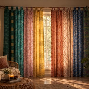 Puede incluir: Un juego de cortinas de piso a techo con un diseño de patchwork vertical con paneles en tonos verde azulado, rosa, amarillo, naranja y azul. Cada panel muestra patrones y texturas intrincados, suspendidos de una barra de madera.