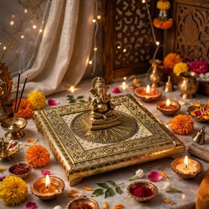 Könnte beinhalten: Ein quadratischer, goldfarbener Metallsockel mit aufwendig geprägtem Rand und einem zentralen, kreisförmigen Mandala-Muster, gekrönt von einer kleinen Messingfigur der Gottheit Ganesha, umgeben von brennenden Tonöllampen und Ringelblumen.