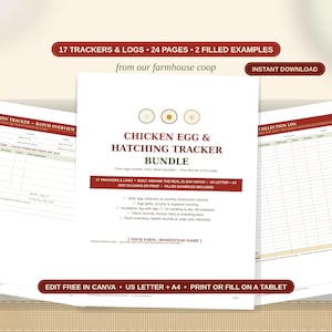 Chicken Egg & Hatching Tracker Bundle, Incubation Log, Egg Production Log, Flock Planner, Chicken Record Book, Homestead Log, Printable