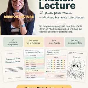 Op de afbeelding: Een educatief programma genaamd Mission Lecture met een 21-daags curriculum voor kinderen om complexe klanken te beheersen. De materialen bevatten progressieve missies, instructievideo's, beoordelingen en leesspellen in PDF-formaat.