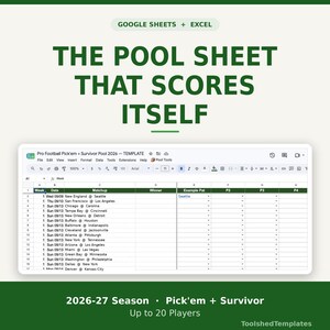 May include: A digital spreadsheet template for a 2026 pro football pick'em and survivor pool. The interface displays columns for week, date, matchup, winner, and player scores. Text includes "THE POOL SHEET THAT SCORES ITSELF" and "2026-27 Season".