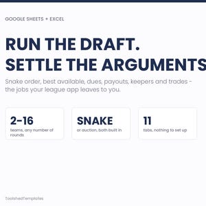 May include: A digital graphic for Google Sheets and Excel featuring the text RUN THE DRAFT. SETTLE THE ARGUMENTS. It lists features including 2-16 teams, snake or auction draft styles, and 11 tabs for league management by ToolshedTemplates.