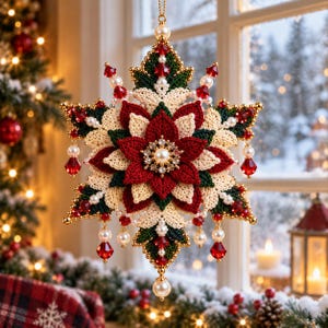 Puede incluir: Un adorno navideño en forma de estrella con un diseño de flor de pascua en capas de ganchillo rojo, crema y verde oscuro. El centro está adornado con una perla y cristales transparentes, mientras que las puntas tienen cuentas rojas y perlas.